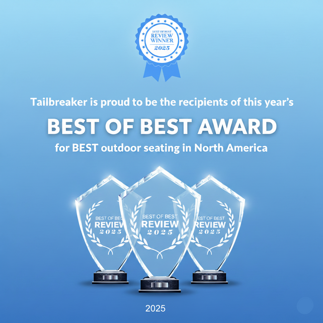 Three crystal awards with 'Best of Best Review 2025' text on a blue background, celebrating Tailbreaker's award for best outdoor seating in North America.