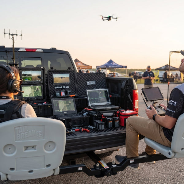 Two people sit in truck accessory tailbreaker seats attached to the back of a pickup truck at an outdoor drone event. The truck bed is loaded with recording equipment, laptops, and a drone hanger, while a drone flies overhead.