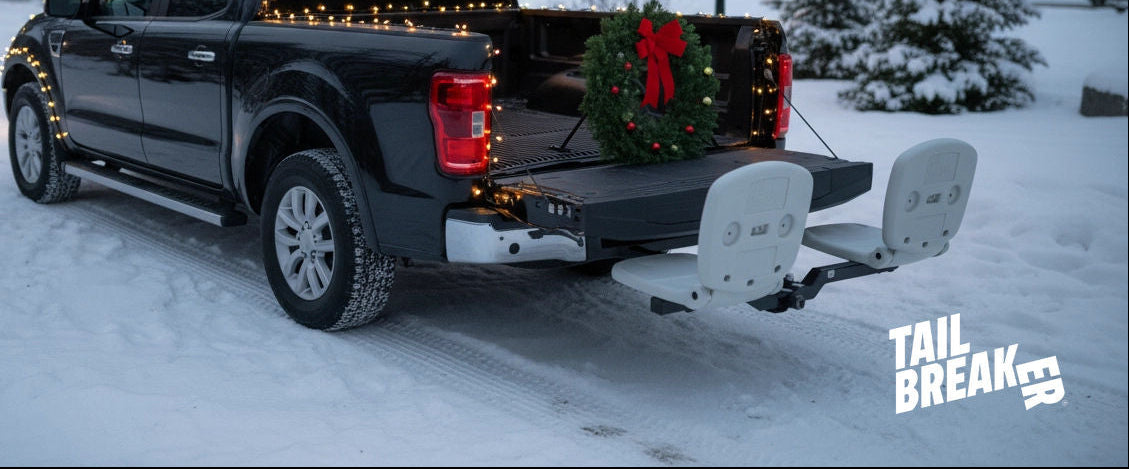 Black truck with a truck accessory tailbreaker installed Christmas wreath in the bed, parked on a snowy surface.