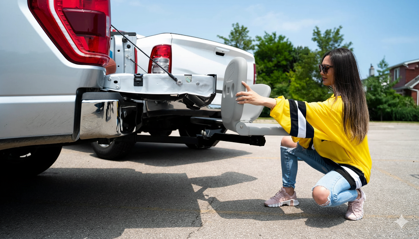 Woman in yellow raincoat and sunglasses using a hitch cover on a white truck