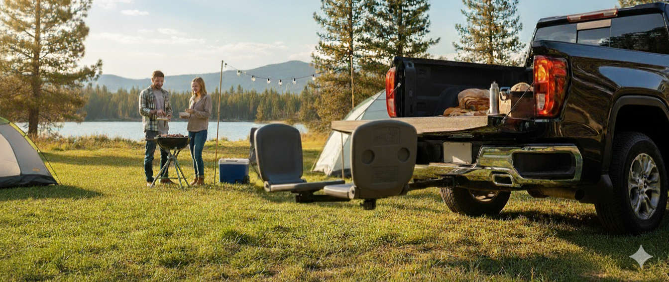 Two people standing near a truck with camping gear in a scenic outdoor setting.