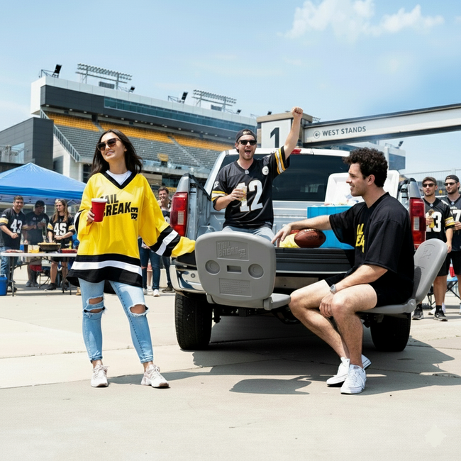 People in sports jerseys by a truck with a stadium in the background