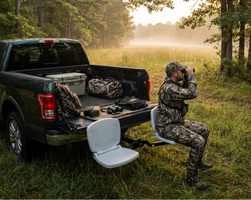 Tailbreaker seating system mounted to a pickup truck at a misty waterfowl field edge with a hunter using binoculars