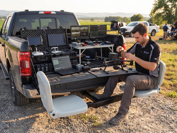 Tailbreaker seating system on a pickup truck at an outdoor drone field with an open tailgate and flight gear