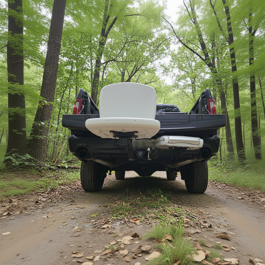 Back view of a truck with a white cover in a warehouse setting