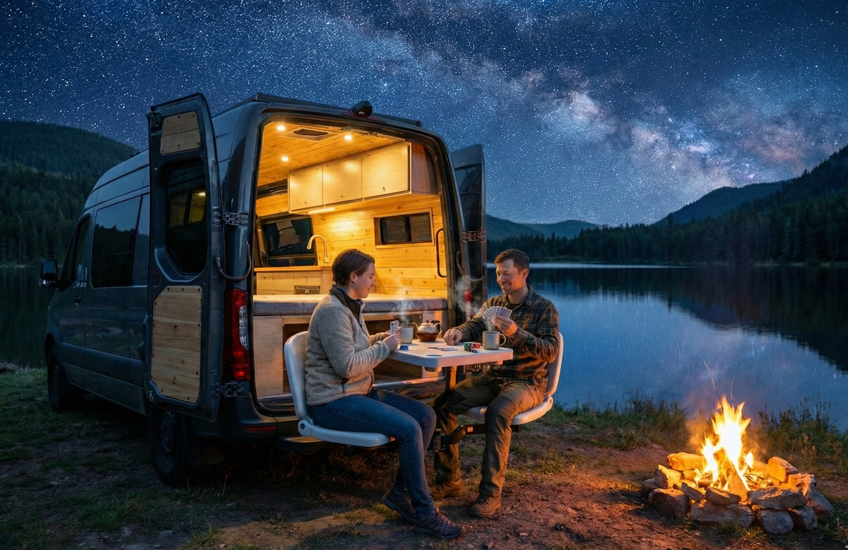 Two people sitting on hitch mounted seat tailbreaker outside a van by a campfire with a starry night sky and mountains in the background.