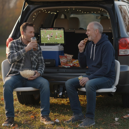 Two men sitting in a car trunk watching TV with snacks and drinks.