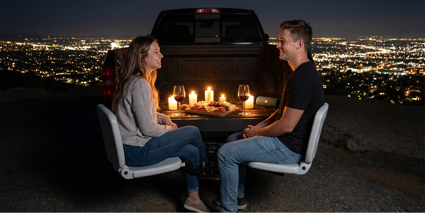Two people sitting on tailbreaker truck accessory with candles and a blanket, overlooking a cityscape at night.