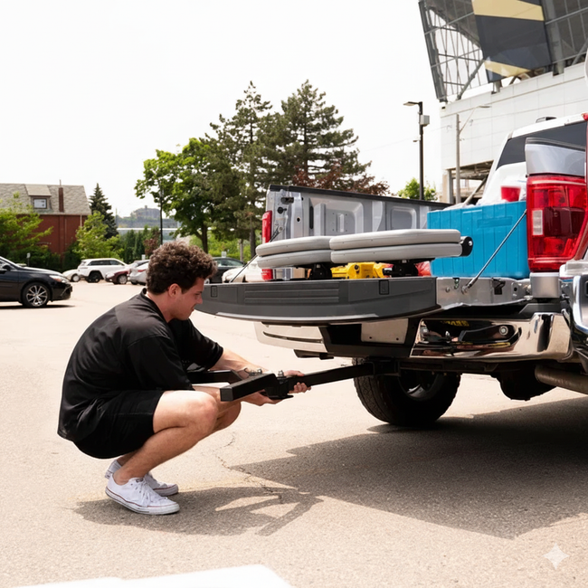 Man showing Two adjustable height settings on Tailbreaker hitch seat for custom outdoor  seating. Versatile truck accessory installation on chevy pick up truck