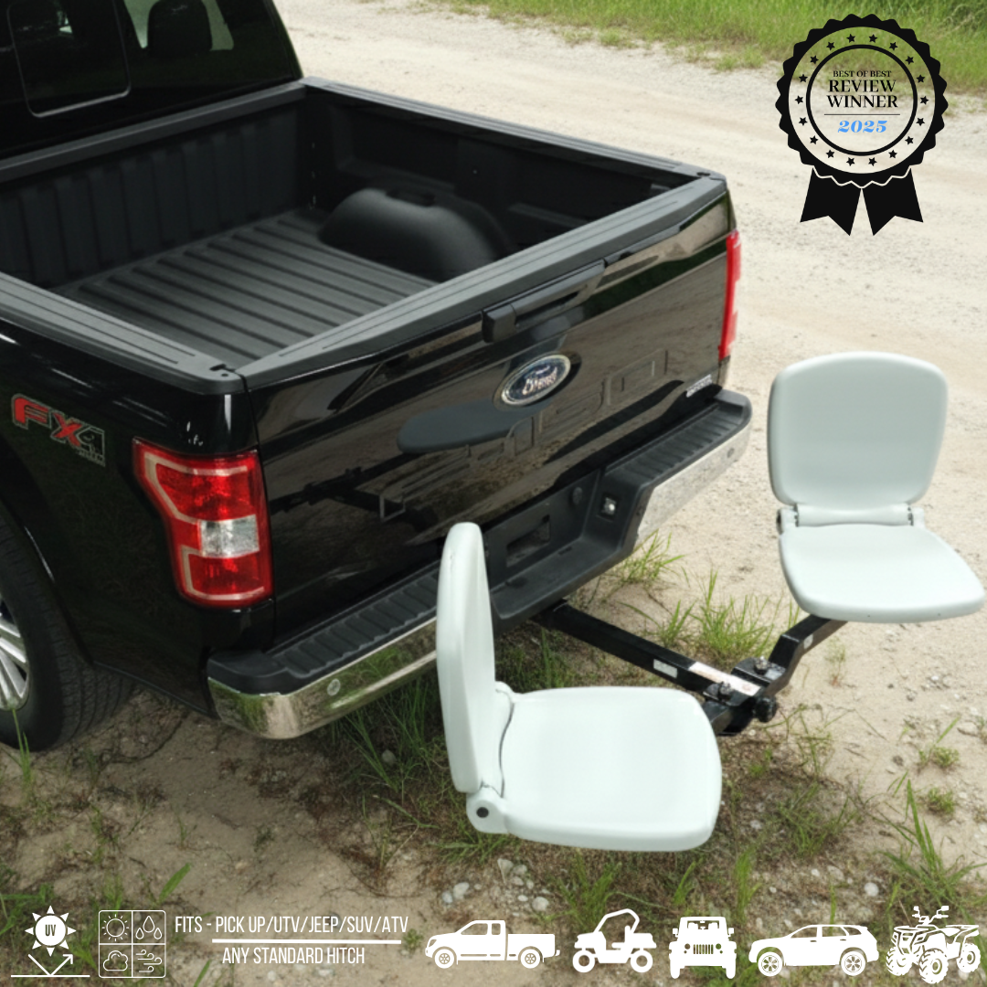 Tailbreaker dual hitch mounted seats on truck on dirt road