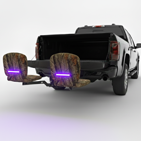 Stable truck hitch seating – Tailbreaker camouflage edition and purple LED lights on a white background