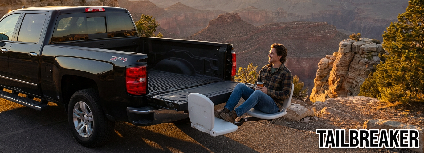 Person sitting in the back of a pickup truck with '30 Seconds to Freedom' text over a scenic landscape.