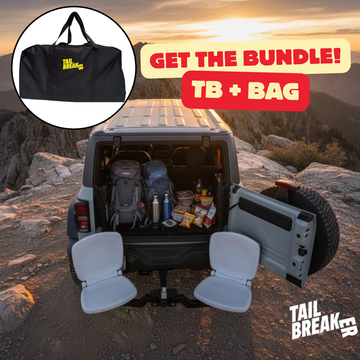 Back of a vehicle with camping gear and 'Tail Breaker' branding, featuring a promotional banner for a bundle offer.