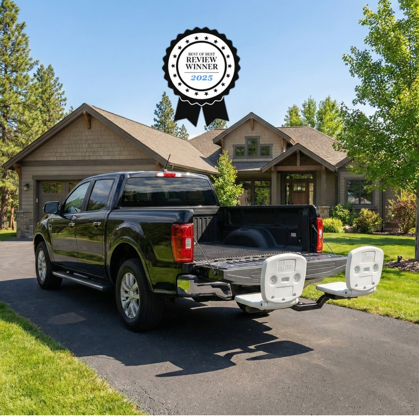 Black pickup truck with a trailer hitch in front of a house, with a 'Best of Show Winner 2025' badge on top.