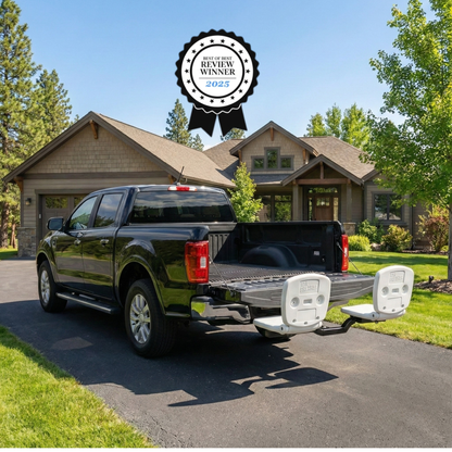 Black pickup truck with a trailer hitch in front of a house, with a 'Best of Show Winner 2025' badge on top.