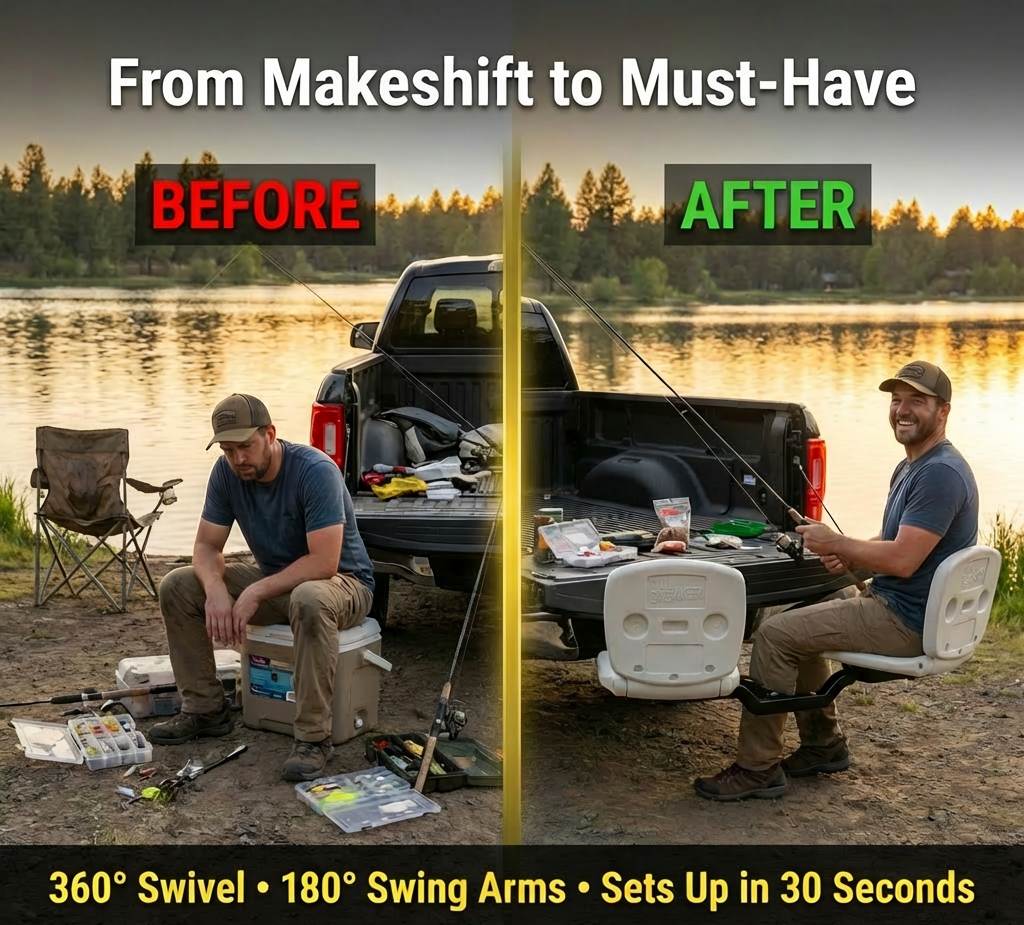Before and after comparison of a man setting up hitch seat tailbreaker by a lake.