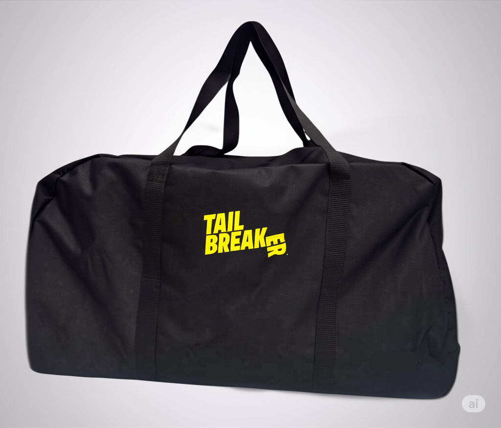 Black duffel bag with 'TAIL BREAKER' text in yellow on a gray background