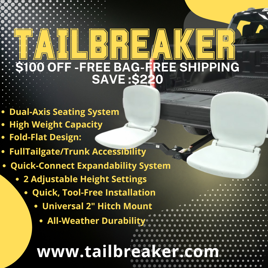 Advertisement for Tailbreaker product with white seats and truck bed on a dark background