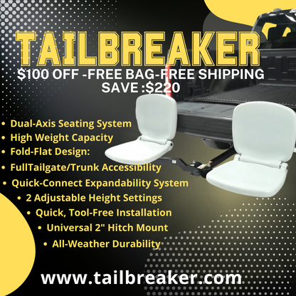 Advertisement for Tailbreaker product with white seats and truck bed on a dark background