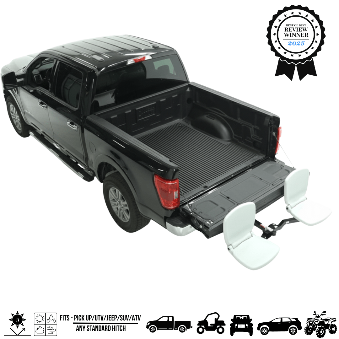Black SUV with a trailer hitch in front of a garage, promotional text overlay.