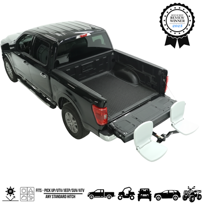 Tailbreaker dual hitch mounted seating system facing out on black pick up truck and tailgate open