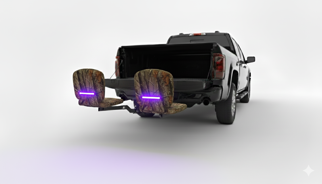 Tailbreaker dual hitch mounted seating system with a custom camo seat covers and  LED lights on a black pick up truck
