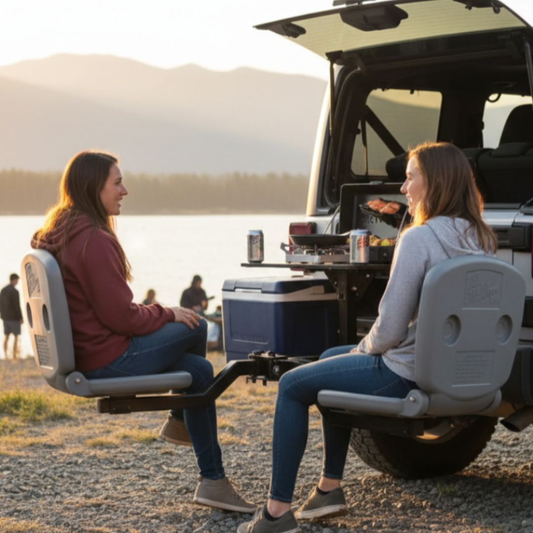 Tailbreaker dual hitch mounted seats on jeep at beach with 2 ladies having drinks