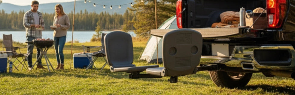 ford Pickup truck featuring Tailbreaker hitch mounted seat system, full tailgate access shown.couple camping by lake with bbq using this truck accessory