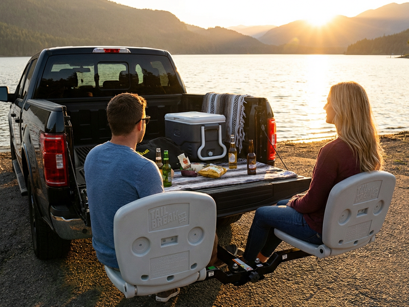 Two people sitting on tailbreaker seats in a truck bed by a lake at sunset.