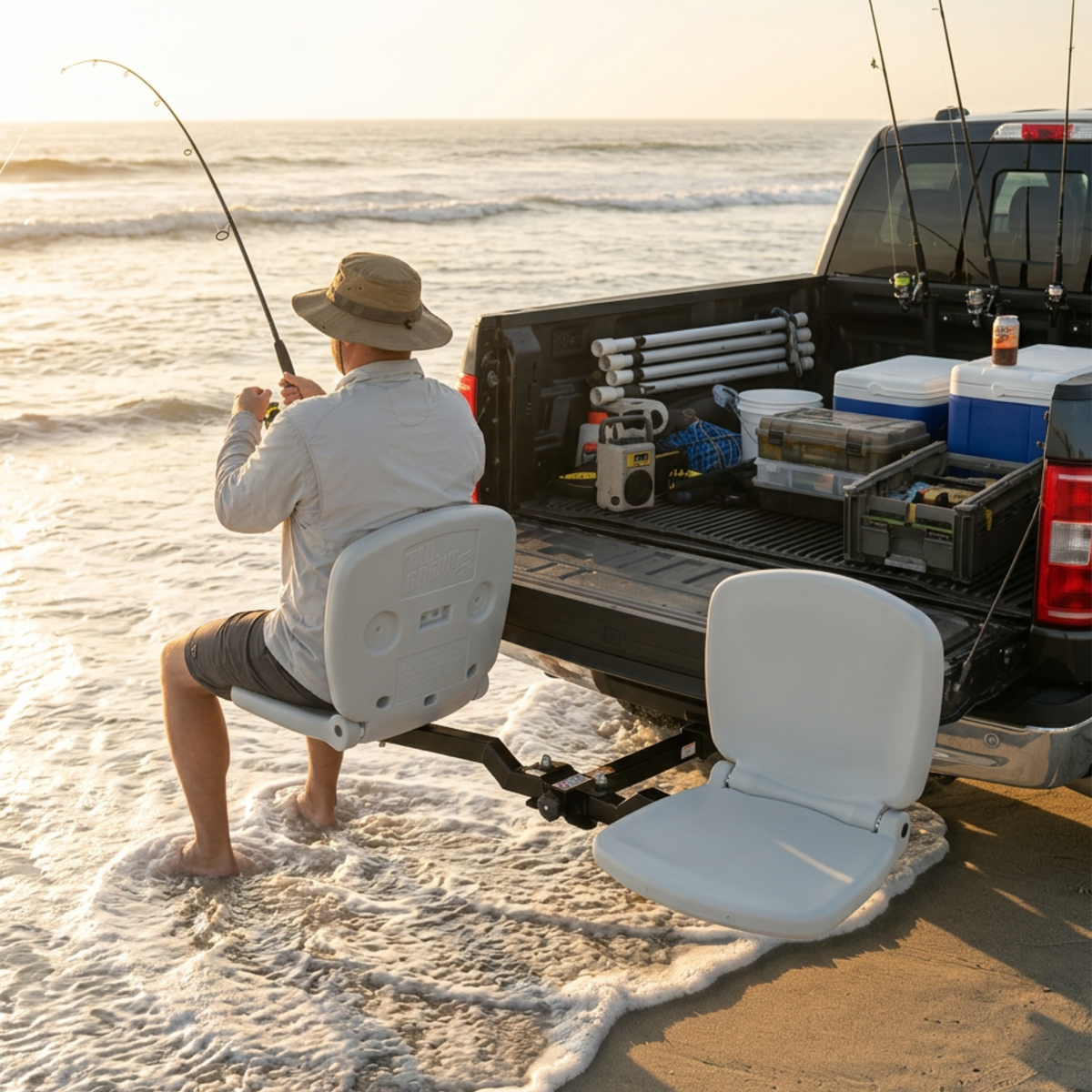 Angler surf fishing from a Tailbreaker seat mounted to a truck on the beach