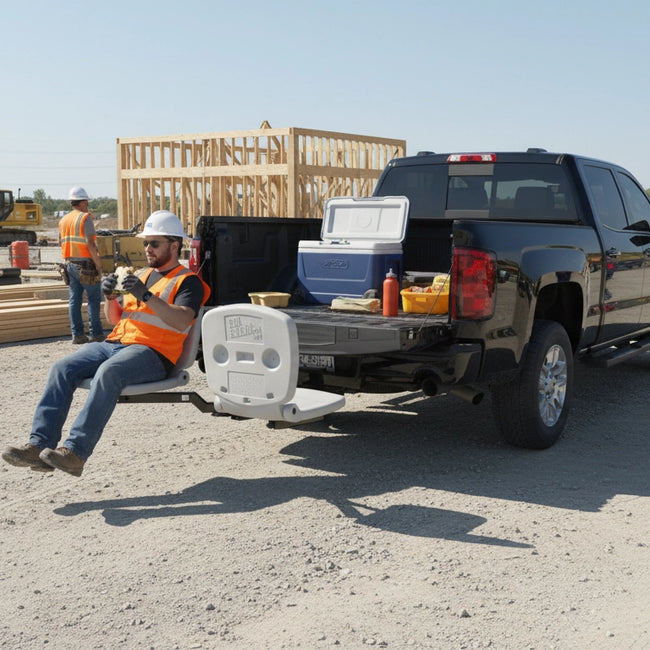 Truck accessory tailbreaker hitch mounted seat system installed on a black ford truck at worksite – stable seating solution for job site breaks