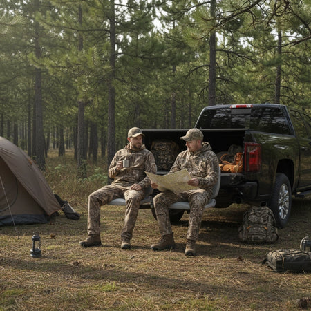 Two men sitting on Tailbreaker hitch mounted seating system with hunting and camping gear, looking at a map on a black ford pickup truck with open tailgate in the woods