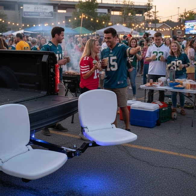 Introducing Tailbreaker – hitch mounted dual seating system for tailgating setups.The best truck accessory for outdoor adventures and tailgating