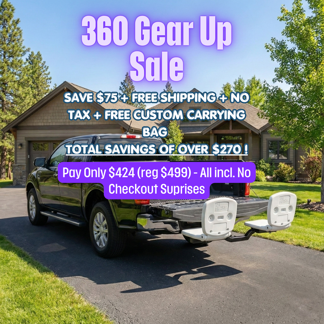 Black SUV with a trailer hitch in front of a garage, promotional text overlay.