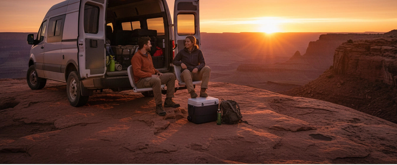 Two people sitting on van accessory Tailbreaker  with open doors, enjoying a sunset over a canyon.