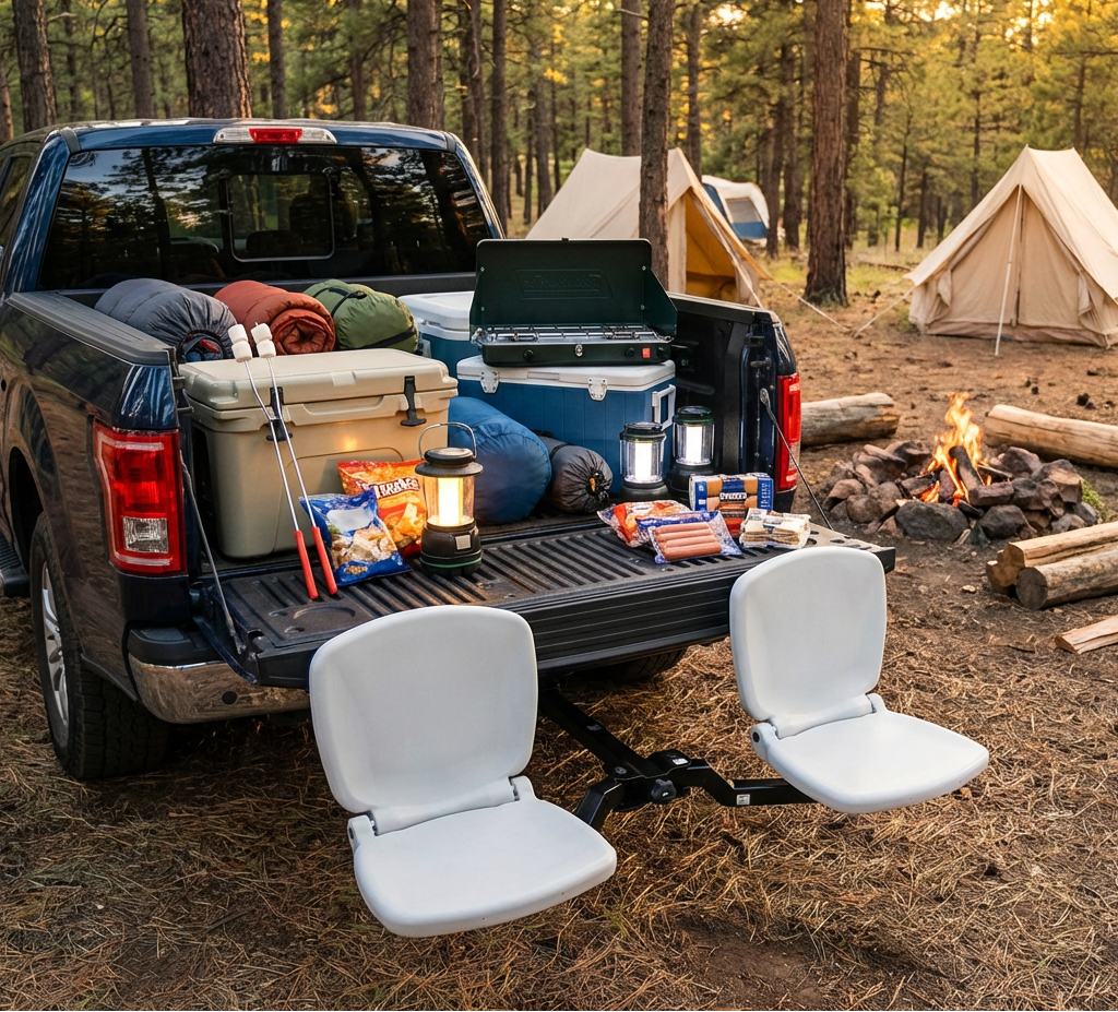 Truck bed with camping gear and tailbreaker near a campfire in a forest setting