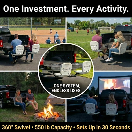 Collage of people using truck-mounted seats tailbreaker for various activities with promotional text and product details.