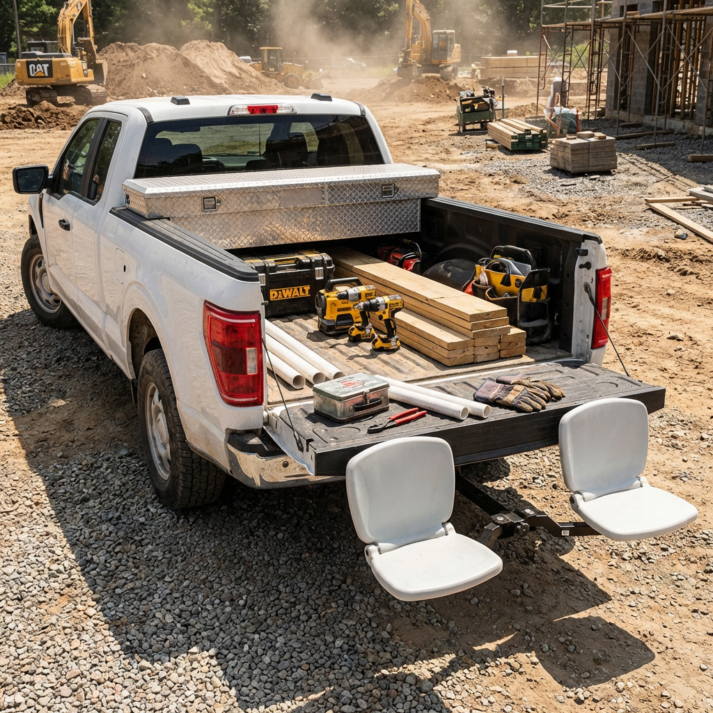 White pickup truck with open bed at a construction site, loaded with tools and equipment.