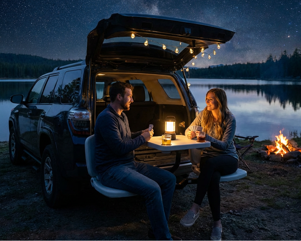 Two people sitting by a campfire sitting on tailbreaker under a starry sky near a lake.