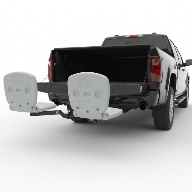 Black pickup truck with a trailer hitch on a white background and tailbraeker seats installed