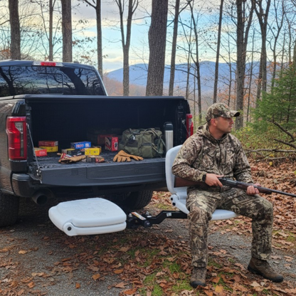 Man in camouflage sitting by a truck with hunting gear in a forest setting