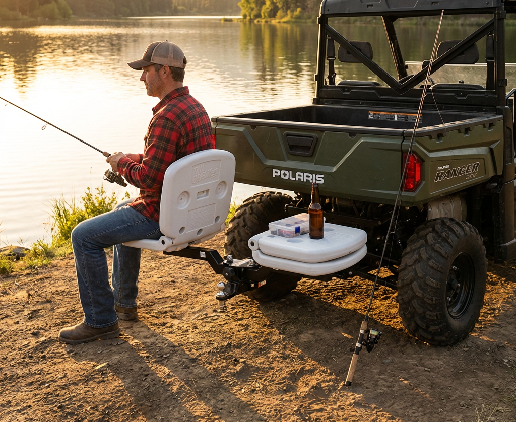 Man fishing by a lake with tailbreaker and a Polaris vehicle in the background