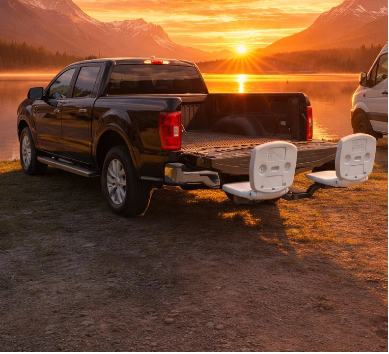 Pickup truck with a trailer hitch parked by a lake at sunset.