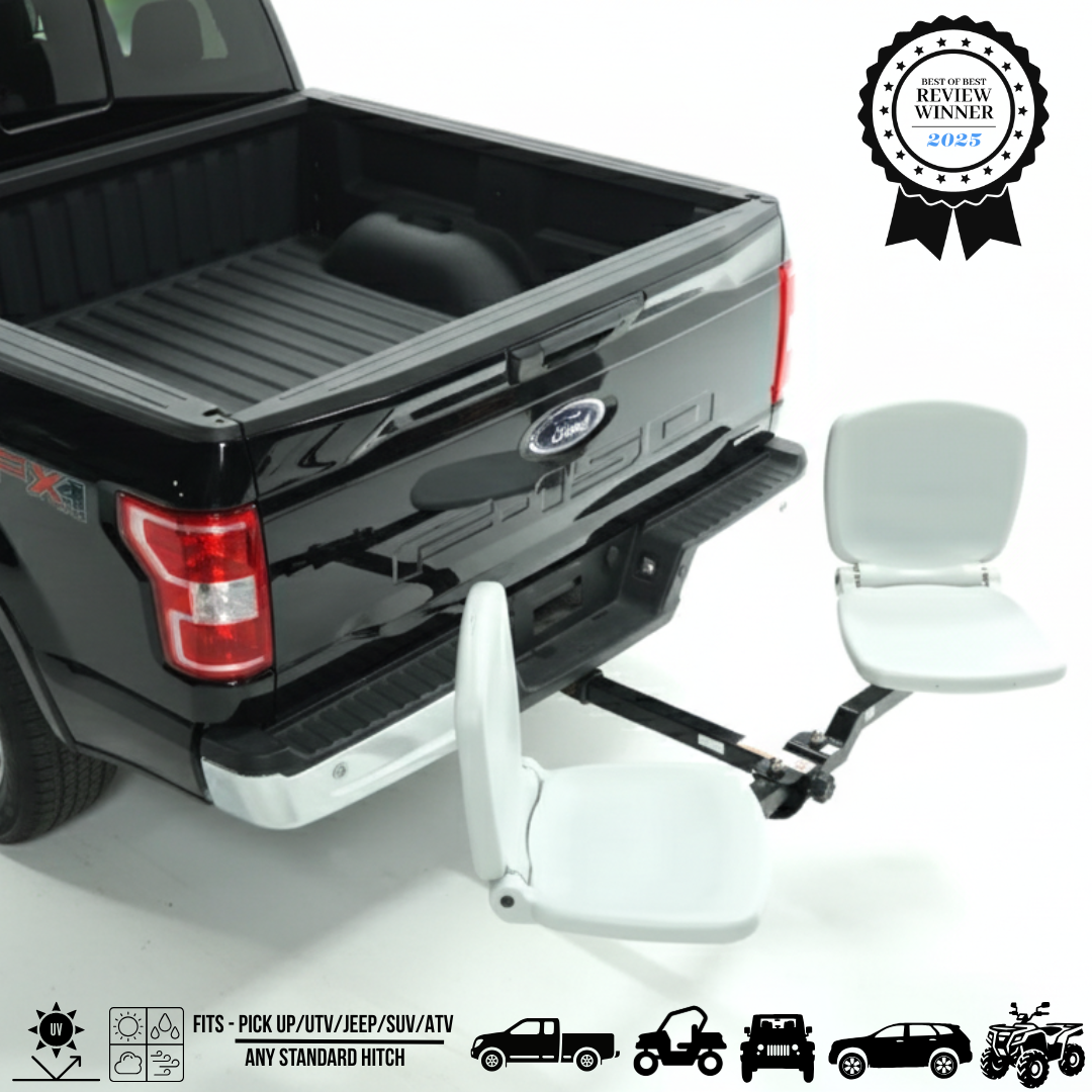Black ford pick up truck with a light grey hitch-mounted seat attached, featuring a 'Product Review Winner' badge.