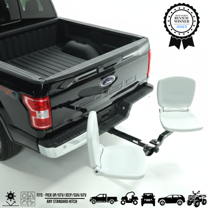 Black ford pick up truck with a light grey hitch-mounted seat attached, featuring a 'Product Review Winner' badge.
