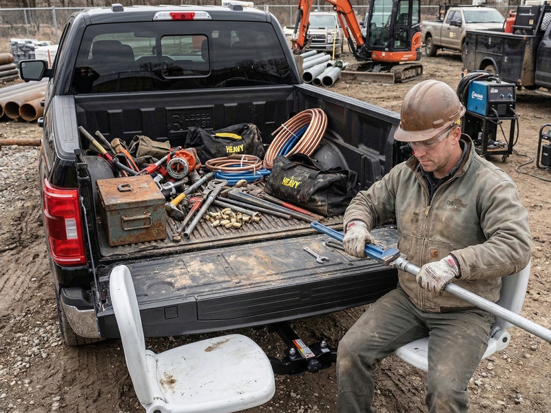 Man working on a large tool in the bed of a pickup truck with tools and equipment around.